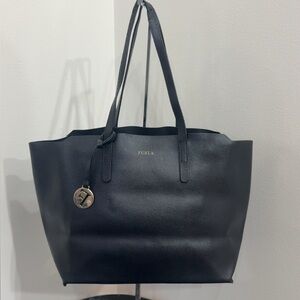 Furla Sally Black Logo Saffiano Leather Shoulder Neverfull Tote Bag AUTHENTIC